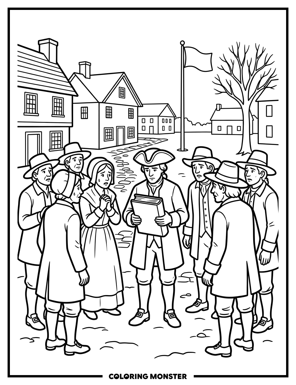 Colonial Village Gathering Coloring Page