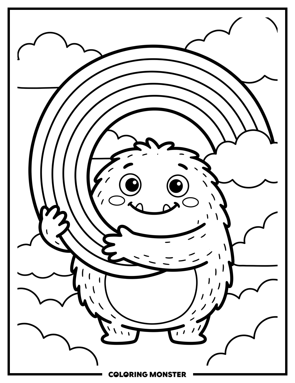 Color Monster Hugs a Rainbow Coloring Page