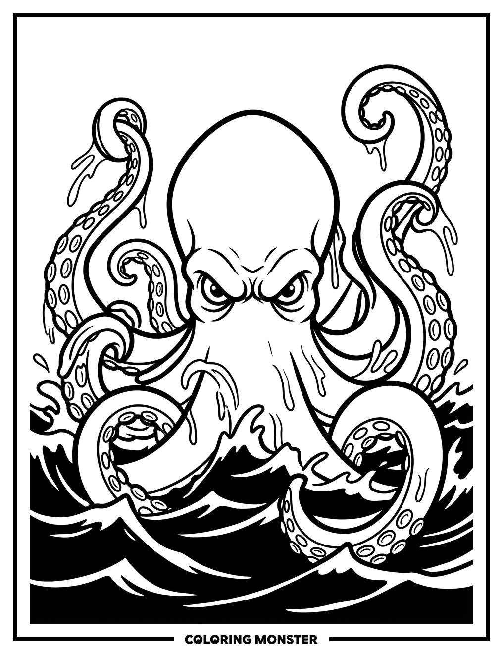 Colossal Kraken Rises From Ocean Coloring Page