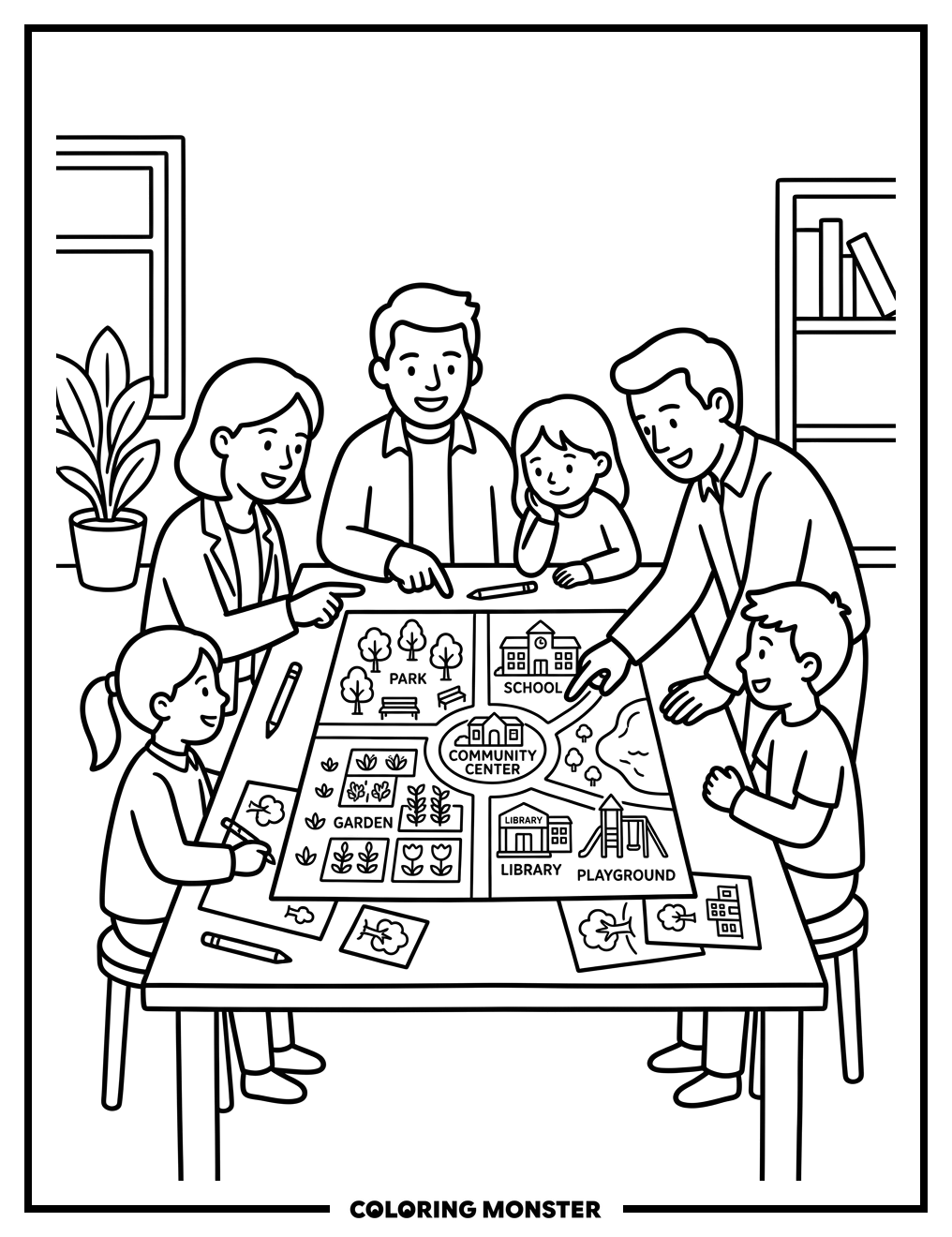 Community Meeting Around A Map Coloring Page
