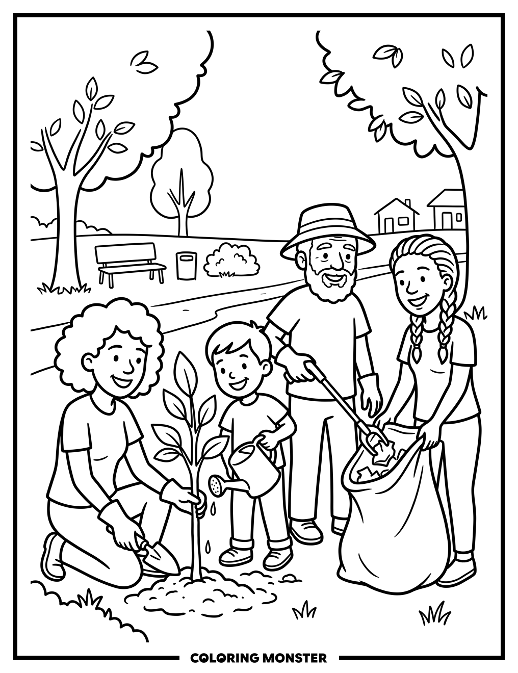 Community Park Cleanup Day Coloring Page