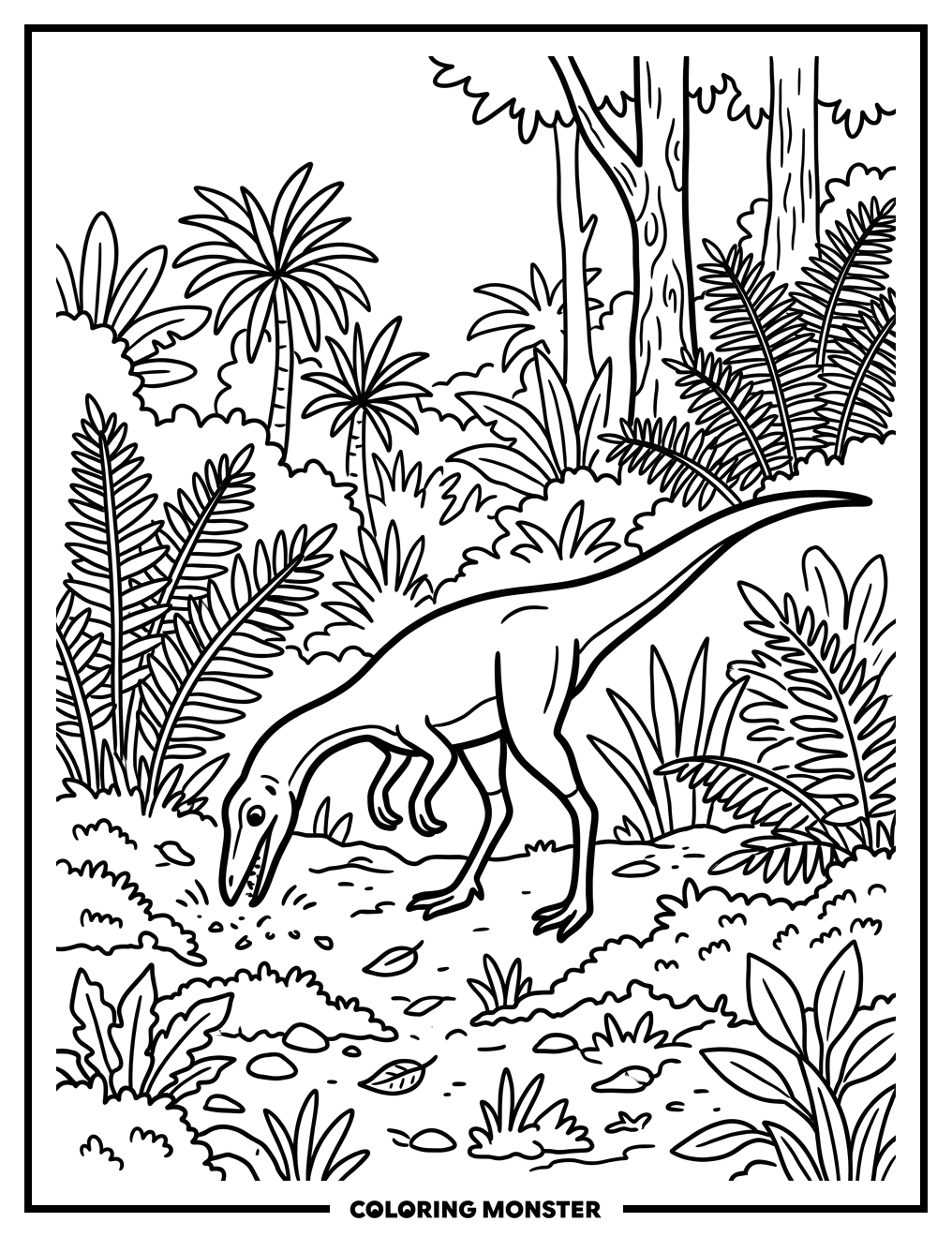 Compsognathus Dinosaur Pecking In Forest Coloring Page