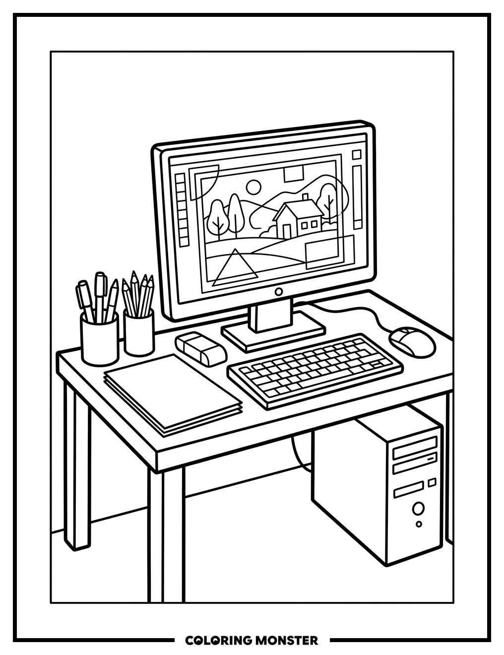 Computer Screen With Art Supplies Coloring Page