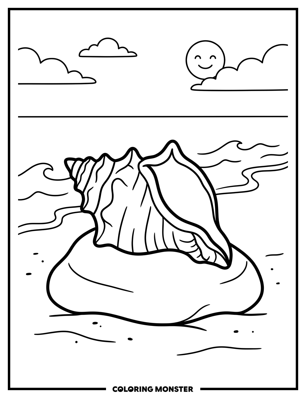 Conch Shell on Rocky Shore Coloring Page