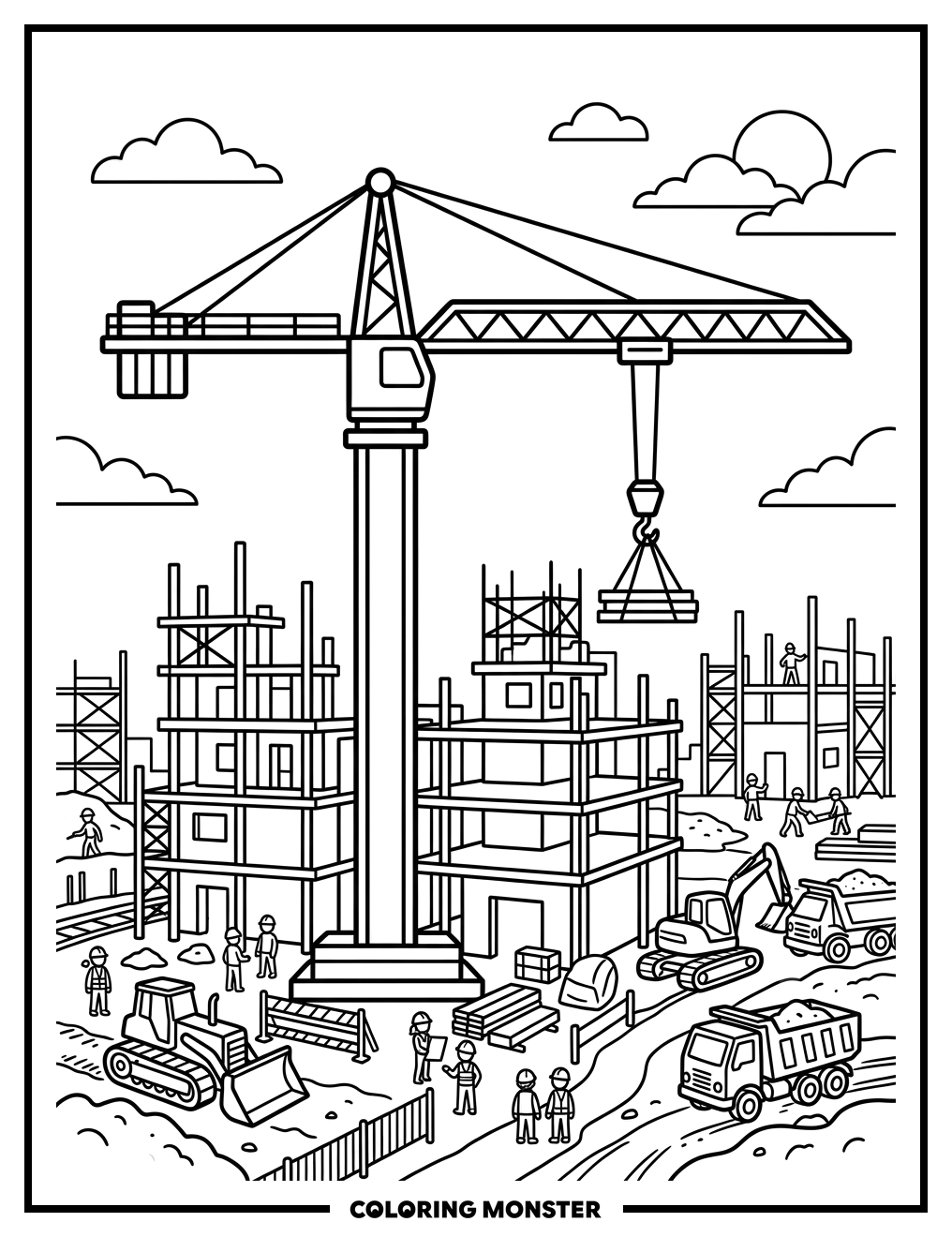 Construction Crane at Work Coloring Page