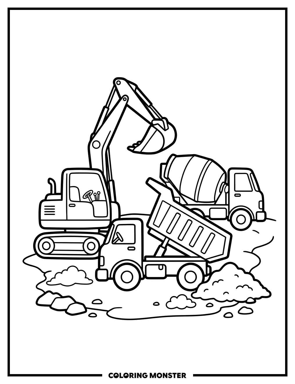 Construction Vehicles Parked Together Coloring Page
