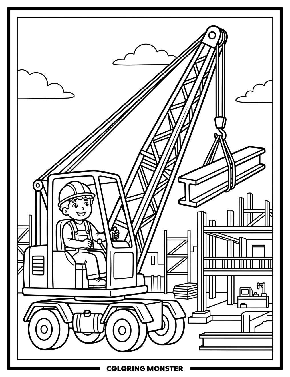 Construction Worker Operating Crane Coloring Page