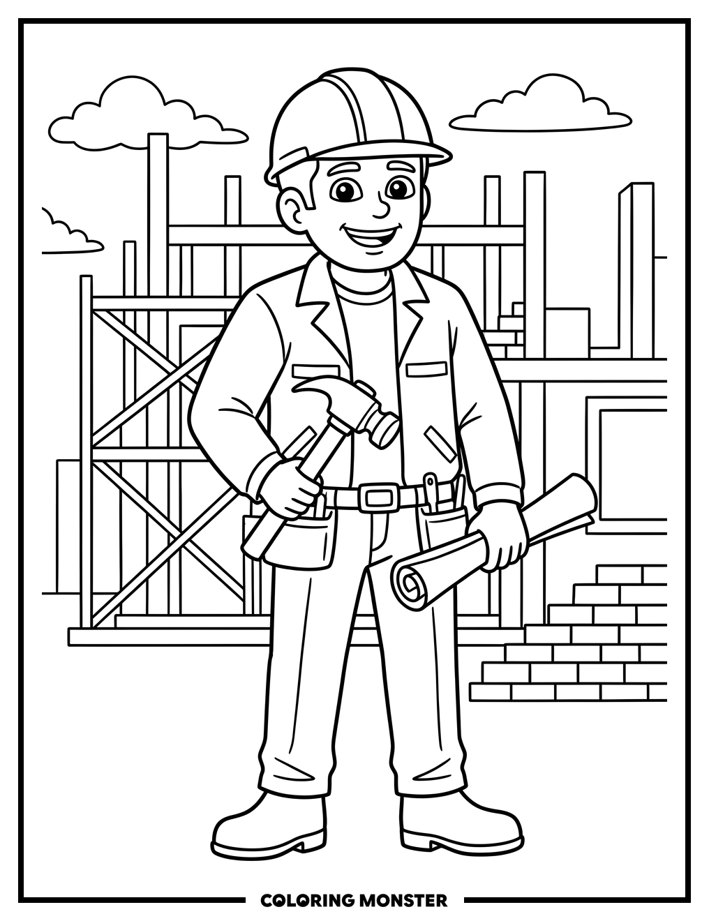 Construction Worker With Hammer and Blueprint Coloring Page