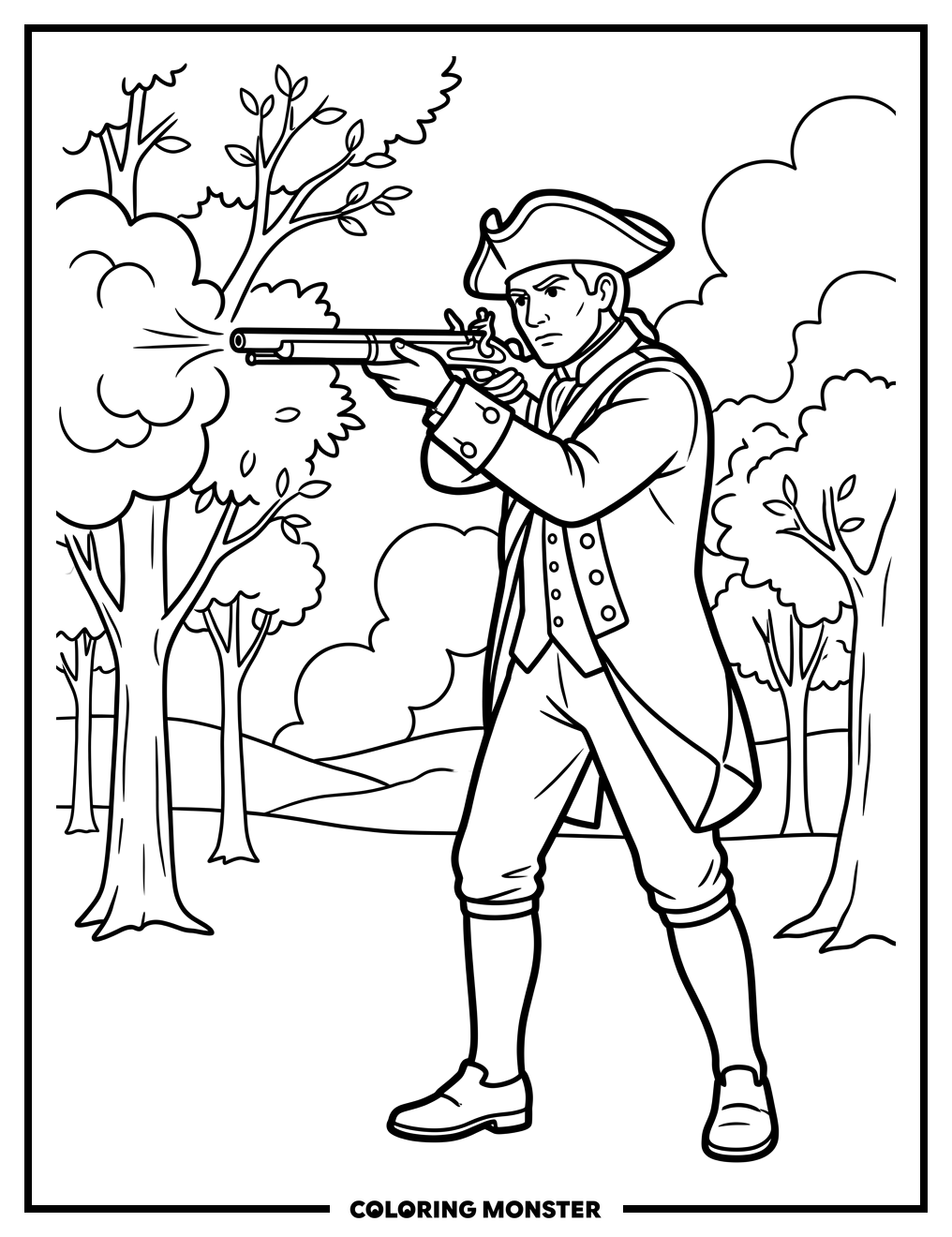 Continental Soldier Fires Musket Coloring Page
