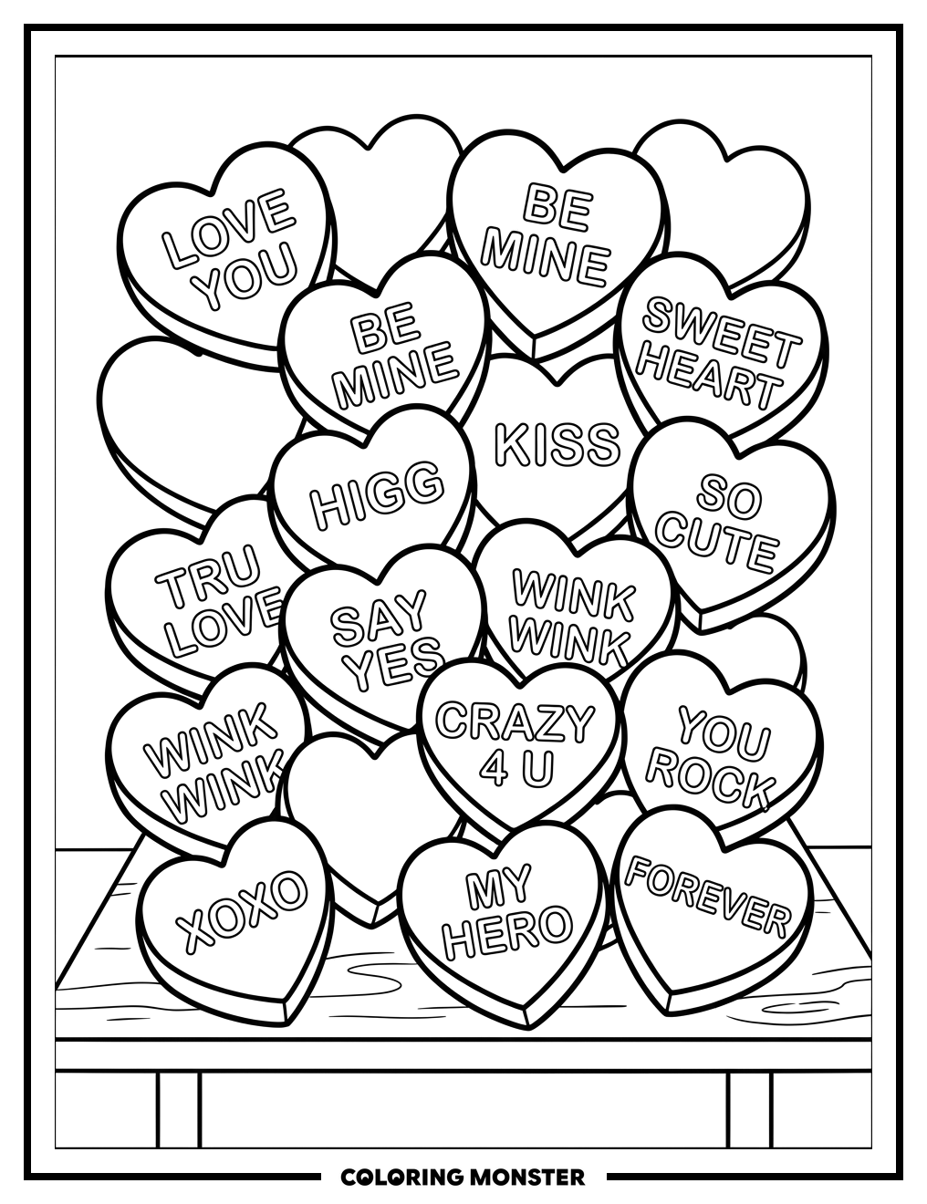 Conversation Hearts Galore Coloring Page