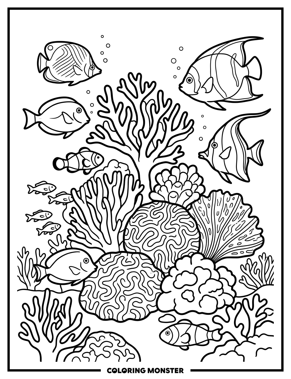 Coral Reef With Tropical Fish Coloring Page