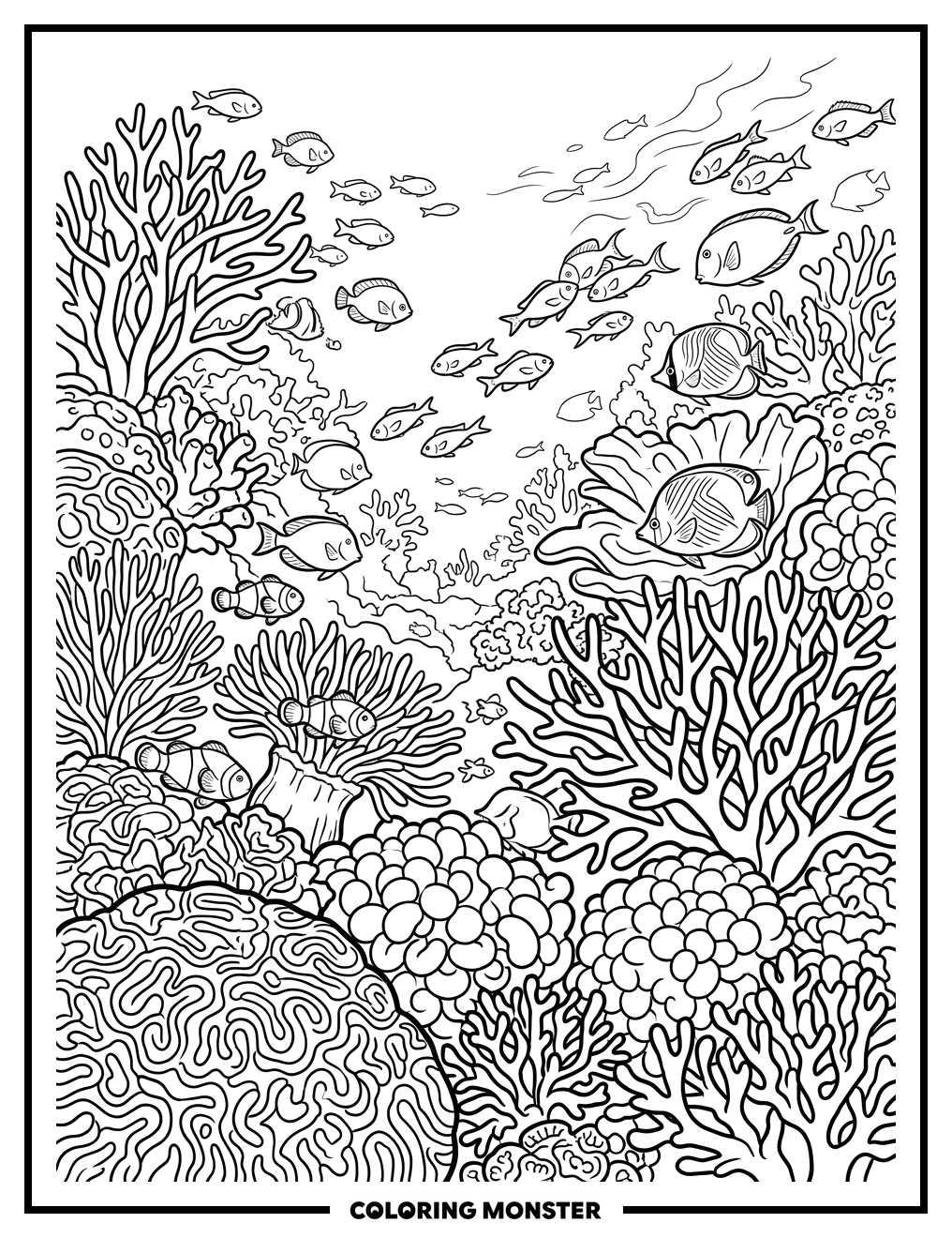 Coral Reef With Tropical Fish Coloring Page