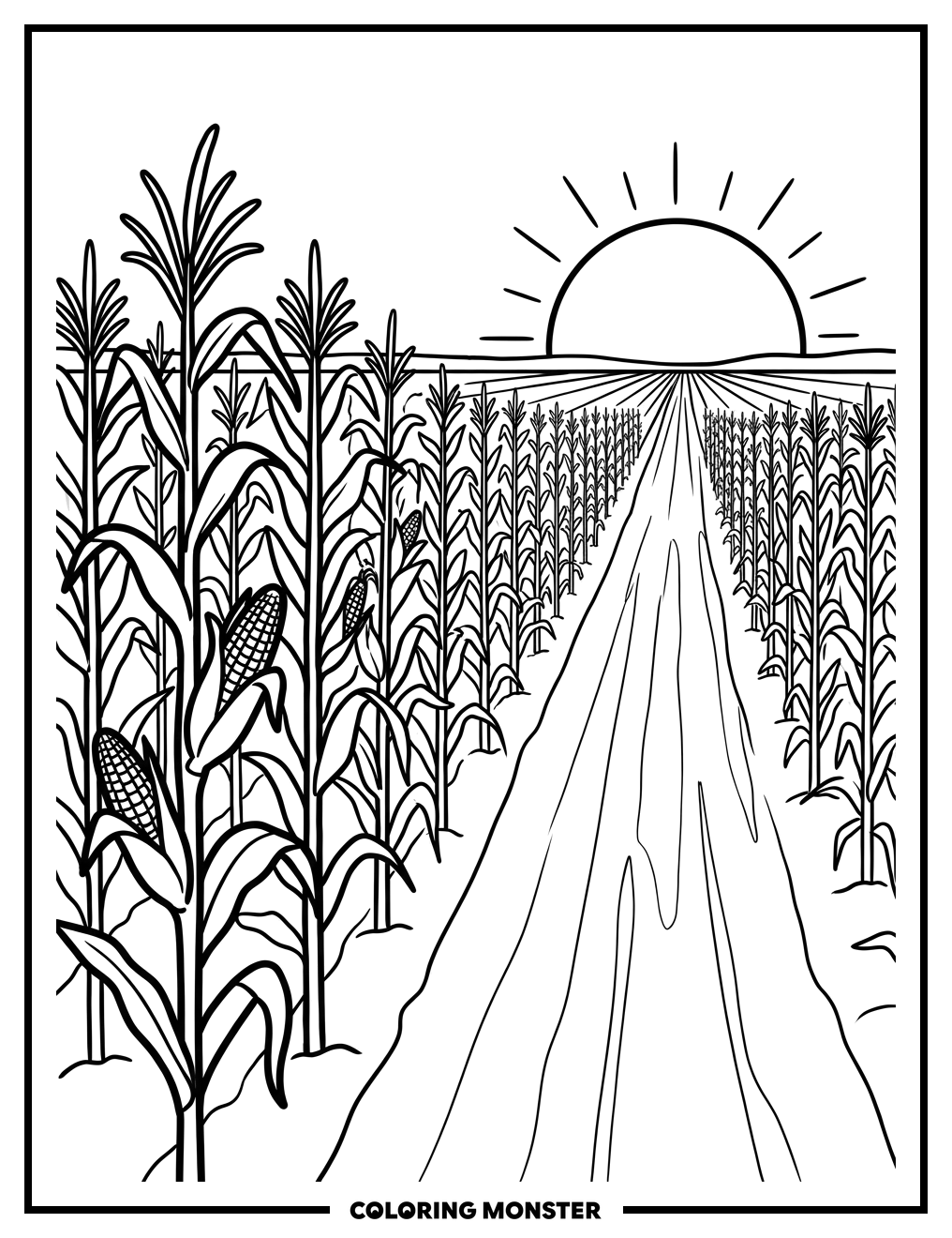 Cornfield At Sunset Coloring Page