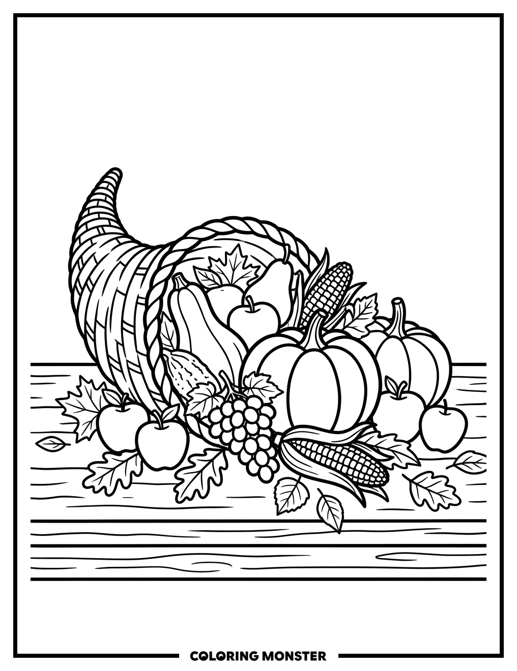 Cornucopia Overflowing With Autumn Harvest Coloring Page
