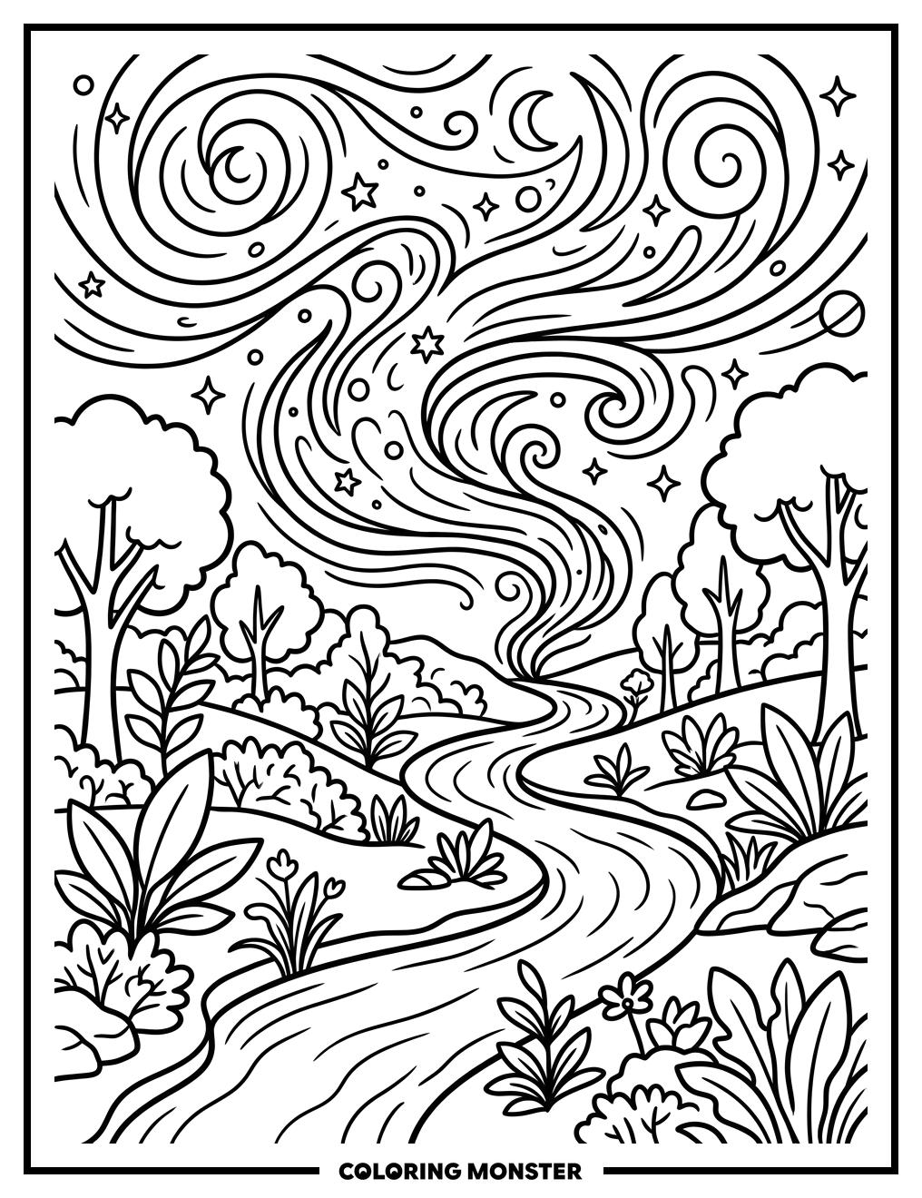 Cosmic Dust Landscape With River Coloring Page