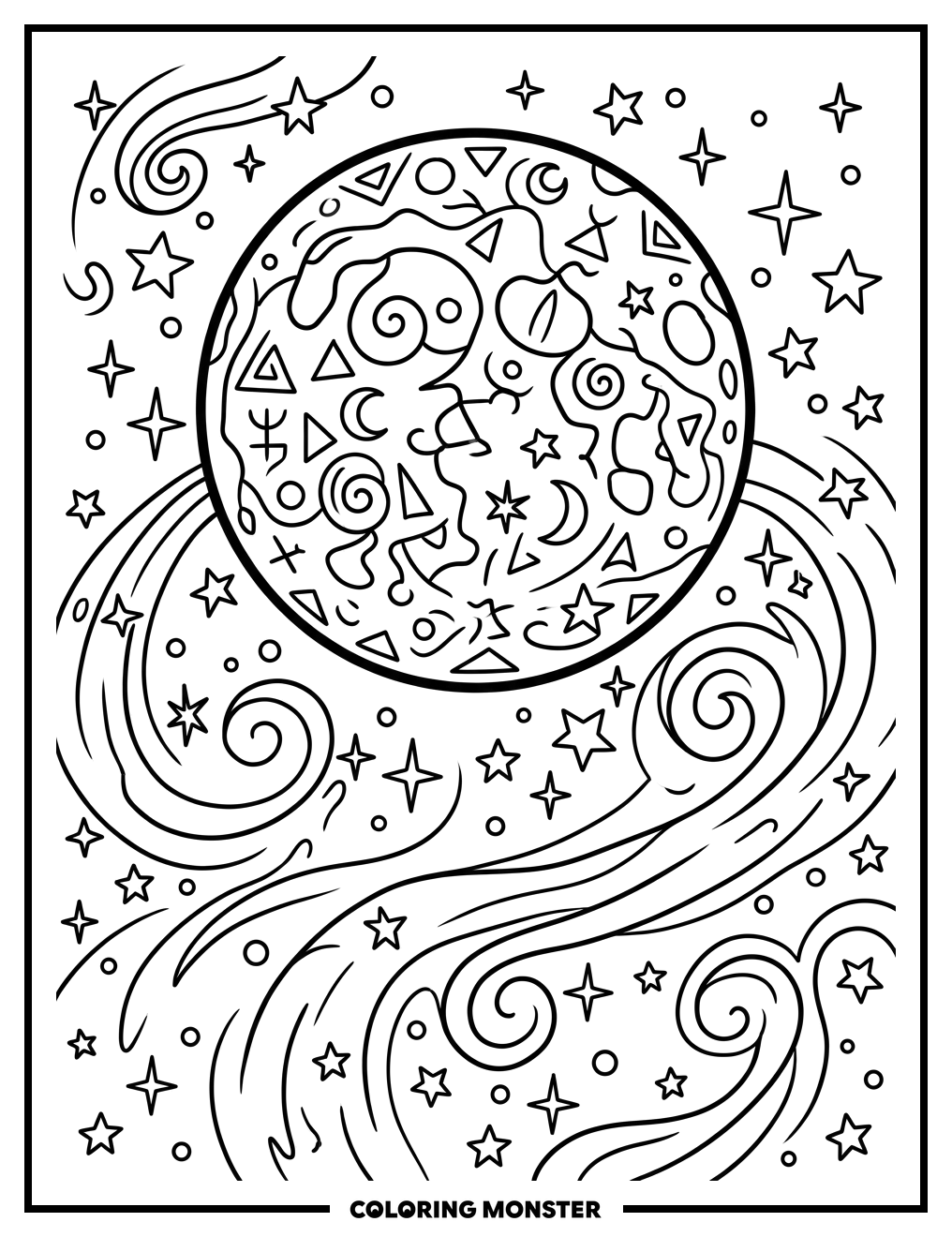 Cosmic Moon with Geometric Patterns Coloring Page