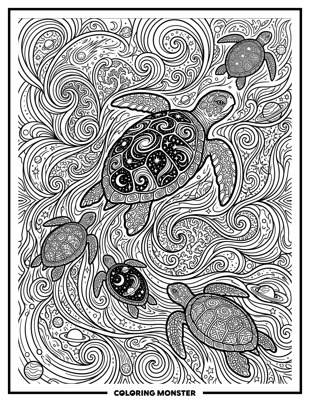 Cosmic Turtles Surfing Space Coloring Page