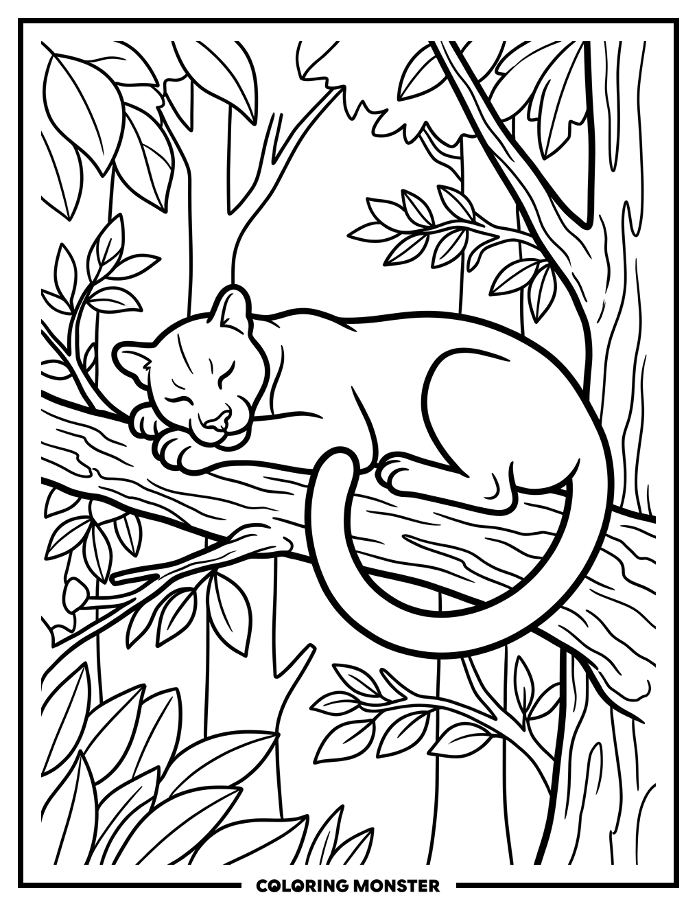 Cougar Resting on Tree Branch Coloring Page