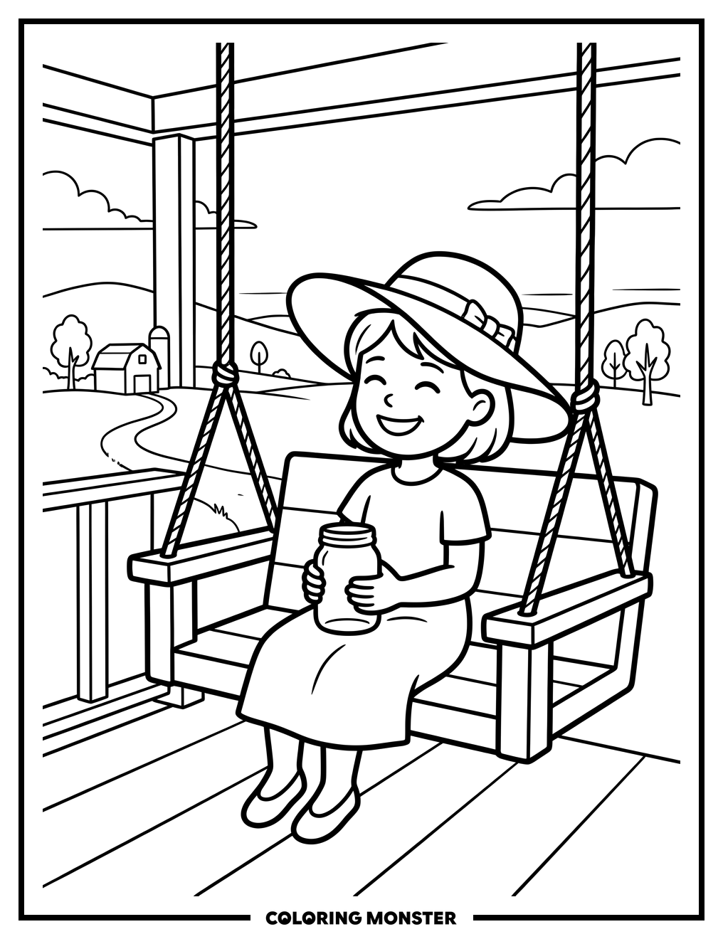 Country Girl on Porch Swing Coloring Page