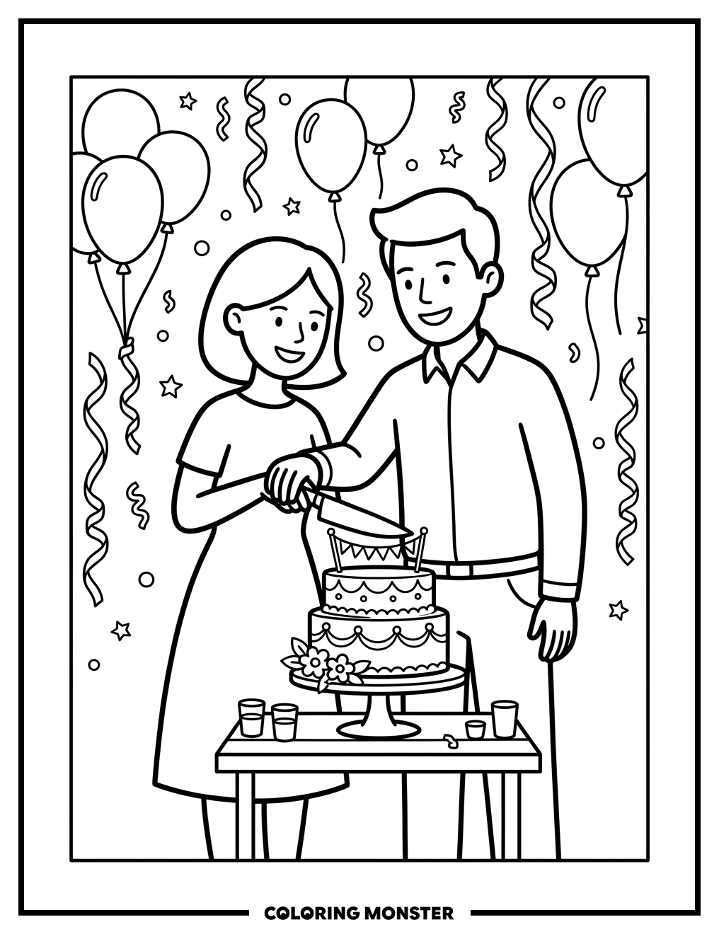 Couple Cuts Anniversary Cake Coloring Page