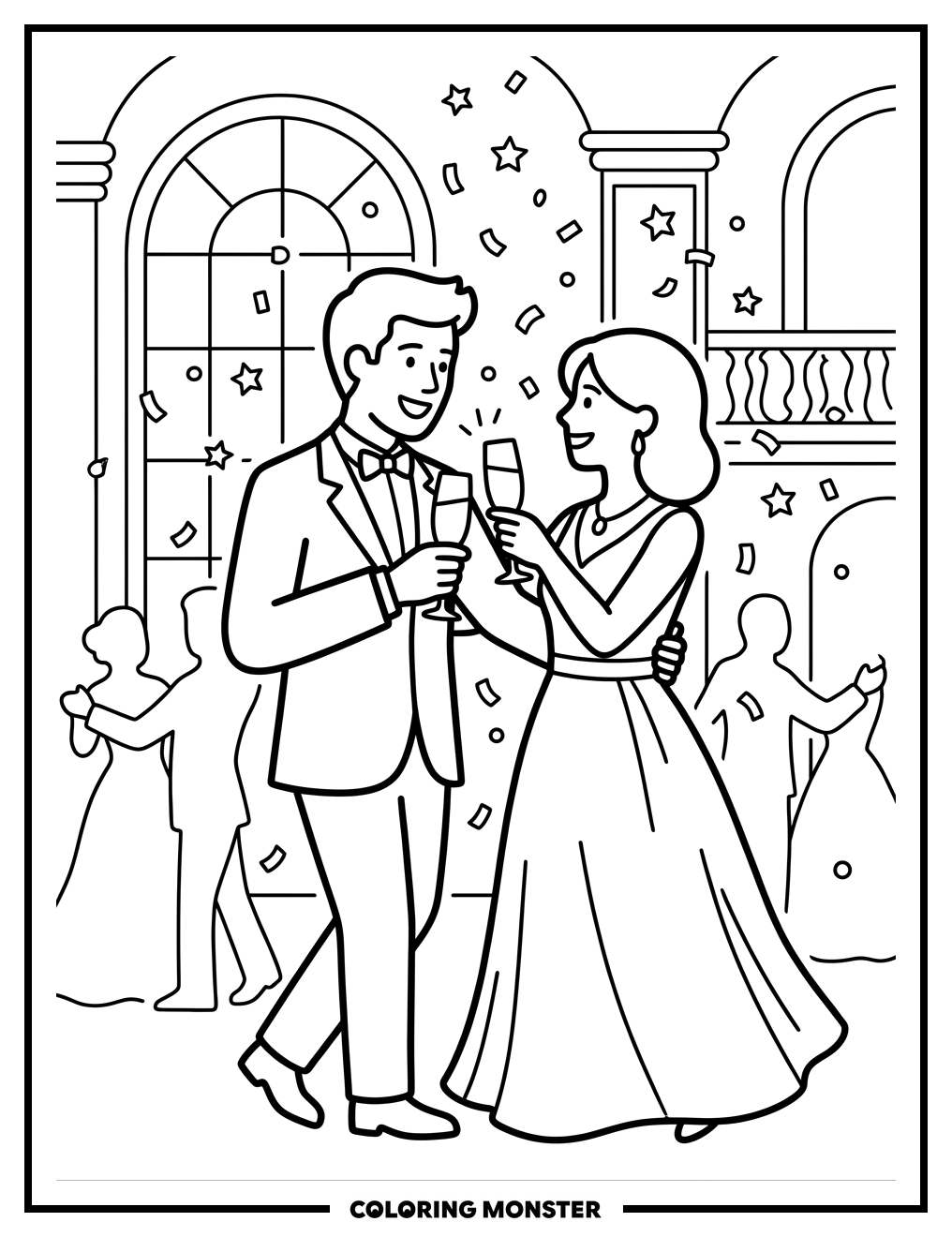Couple Dancing at New Year's Eve Ball Coloring Page