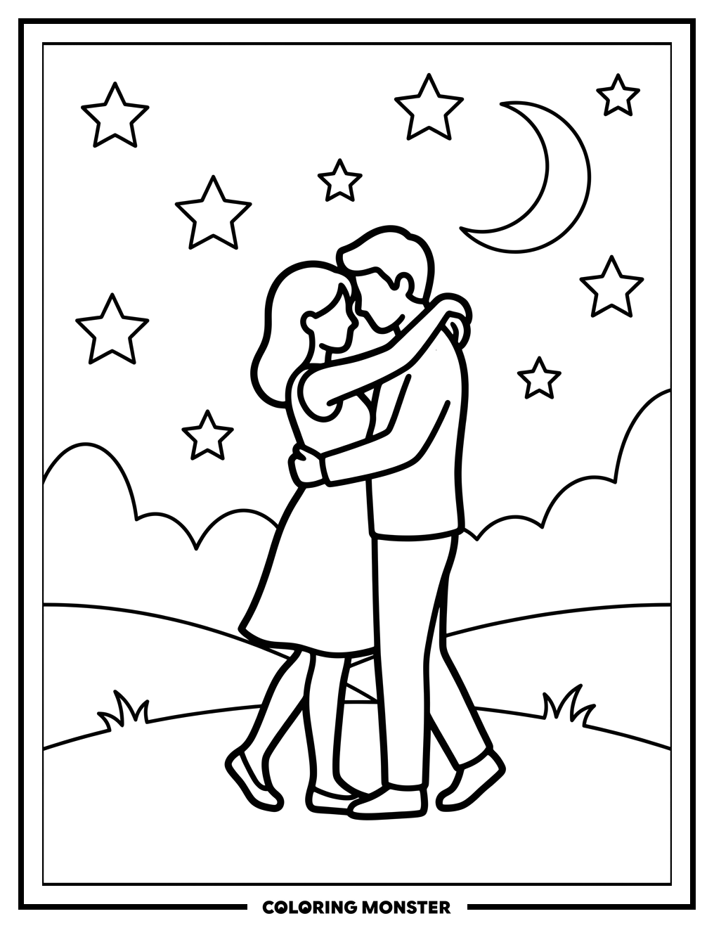 Couple Dancing Under Starry Night Sky Coloring Page