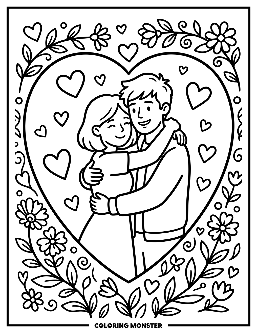 Couple Embracing Amidst Hearts and Flowers Coloring Page