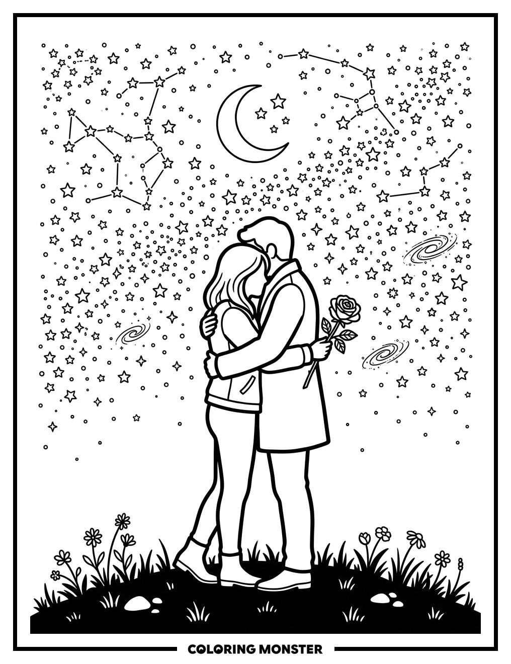 Couple Embracing Under Starry Sky Coloring Page
