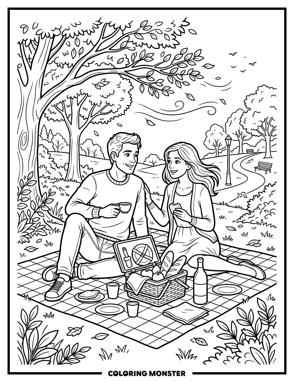 Couple Enjoying a Picnic in the Park Coloring Page