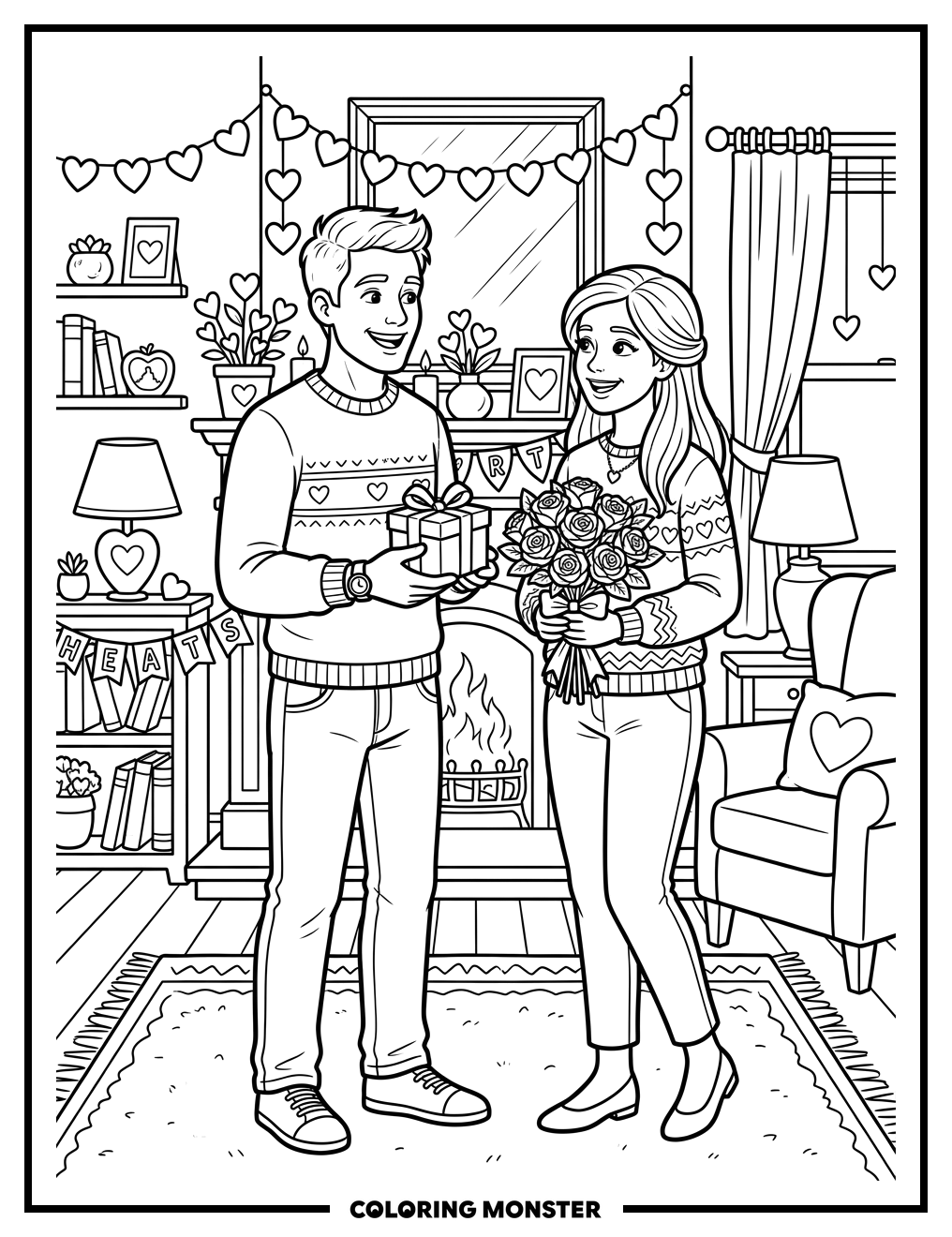 Couple Exchanging Valentine's Gifts Coloring Page