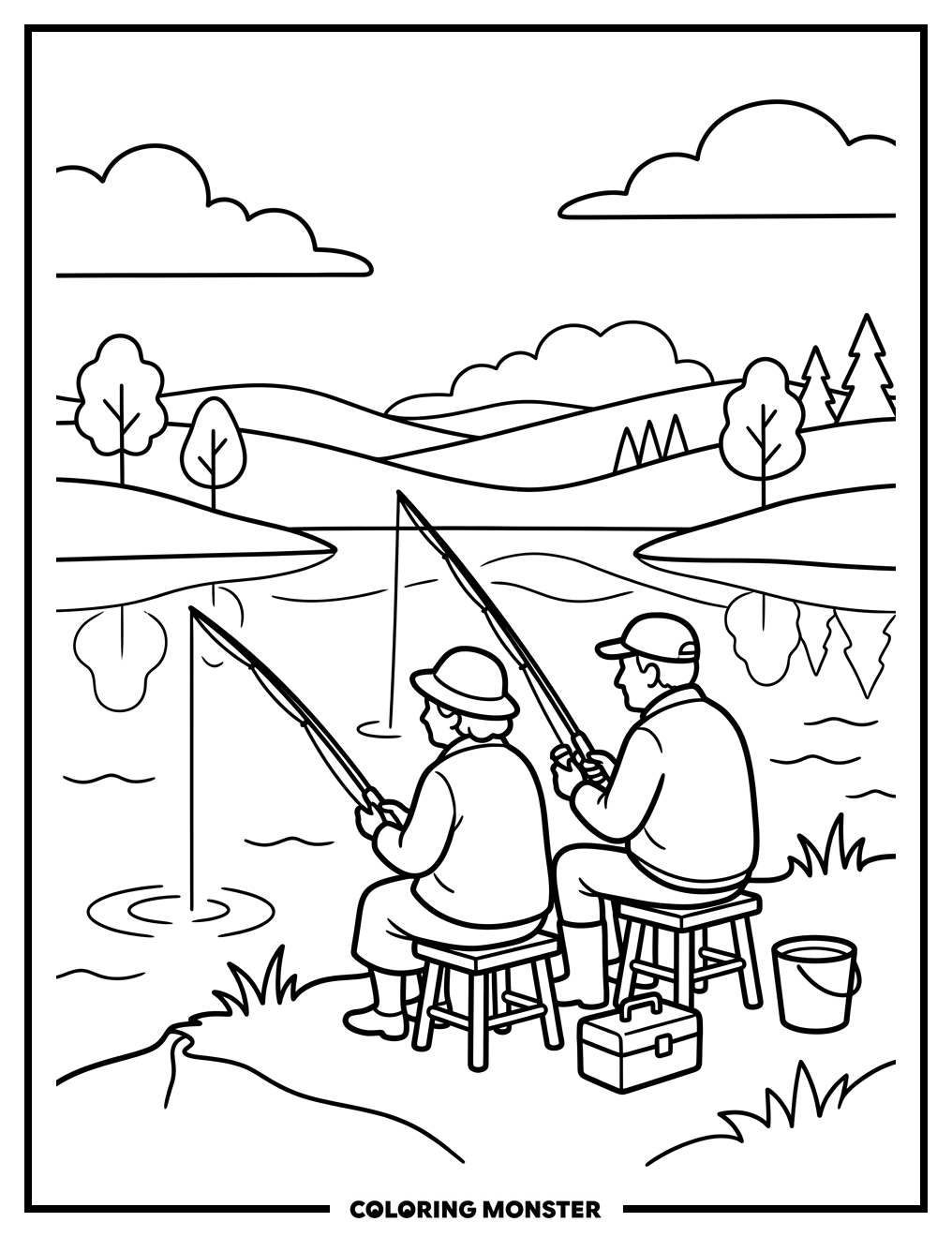 Couple Fishing by a Lake Coloring Page