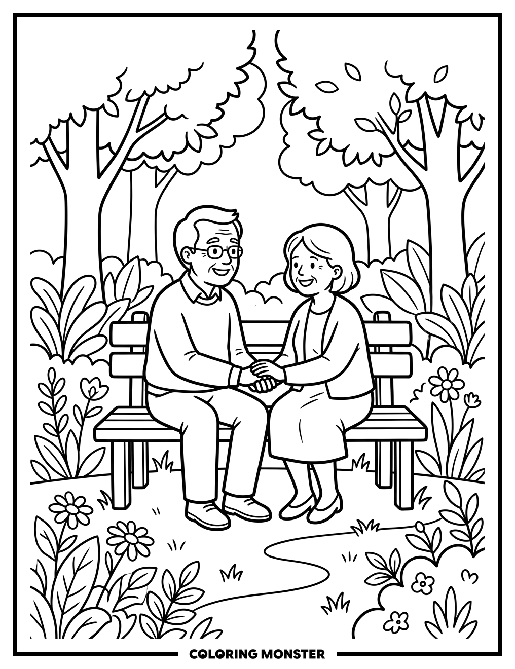 Couple Holding Hands on Park Bench Coloring Page
