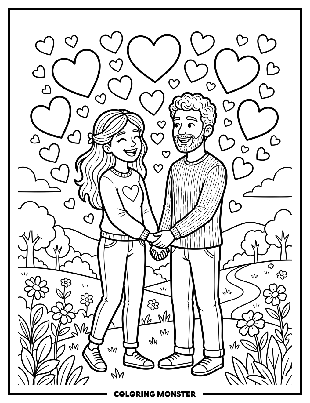 Couple Holding Hands With Hearts Coloring Page