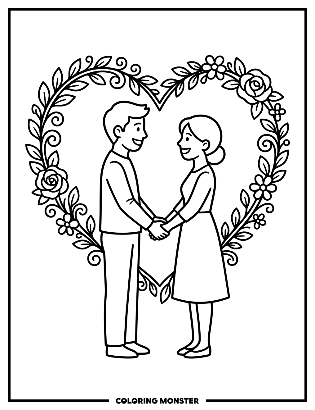 Couple in Floral Heart Coloring Page