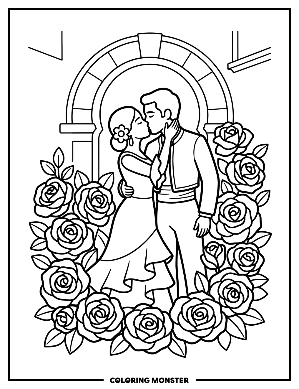 Couple Kissing Among Roses Coloring Page