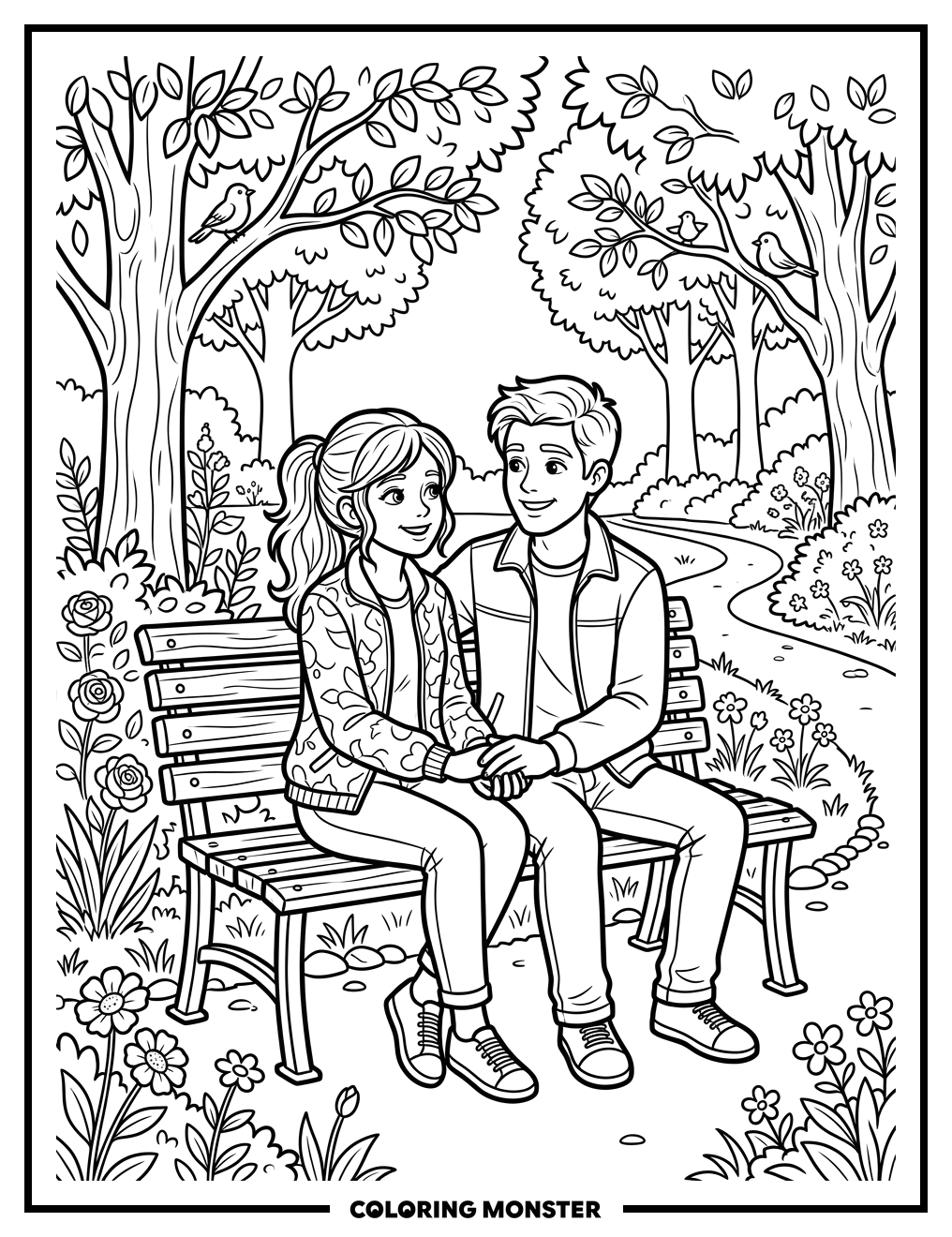 Couple on Park Bench Coloring Page