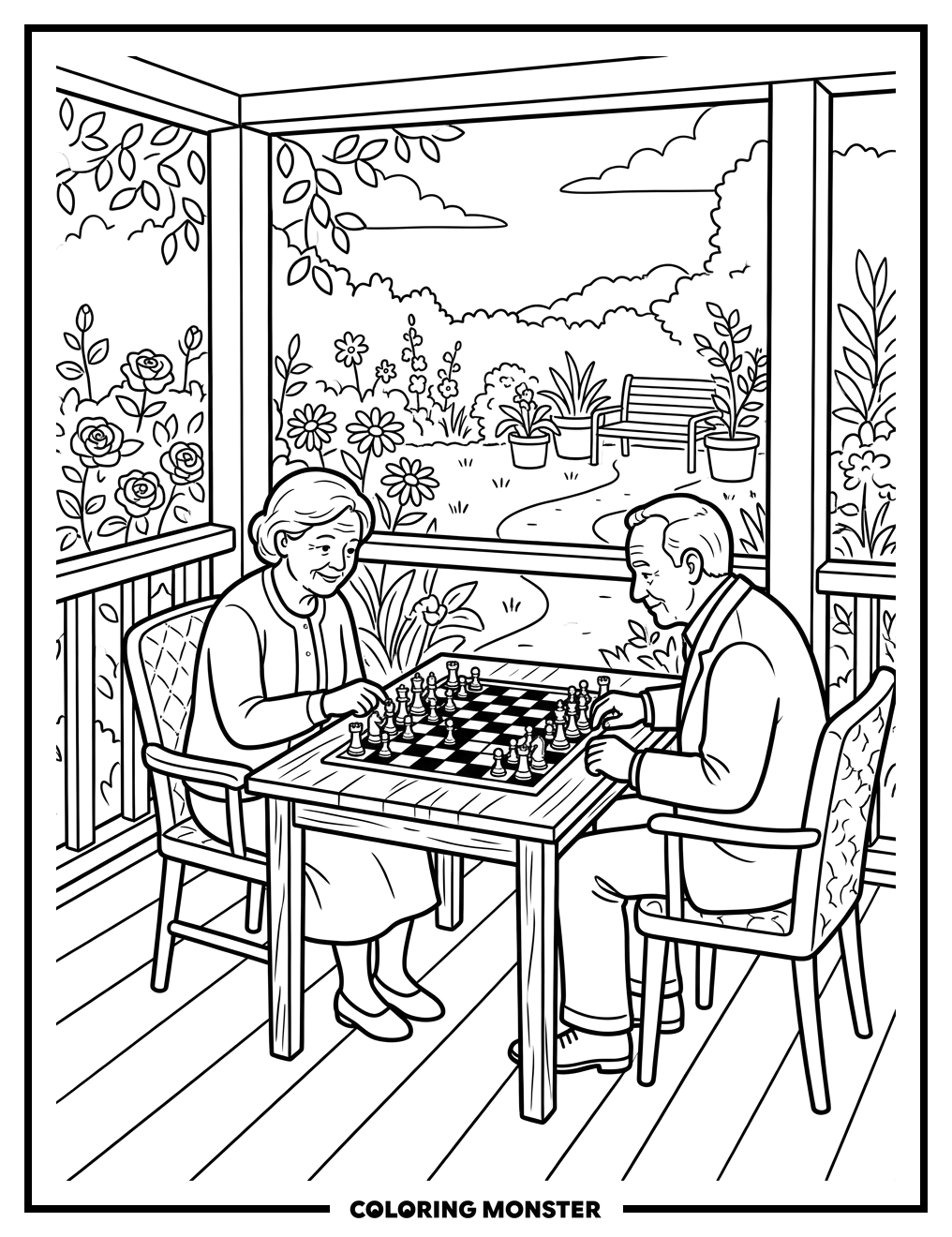 Couple Playing Chess on Porch Coloring Page