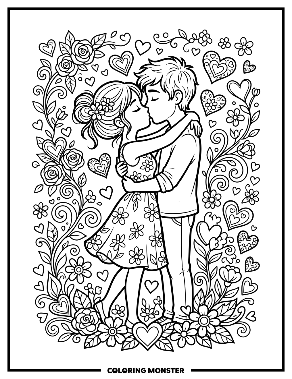 Couple's Sweet Kiss With Hearts Coloring Page