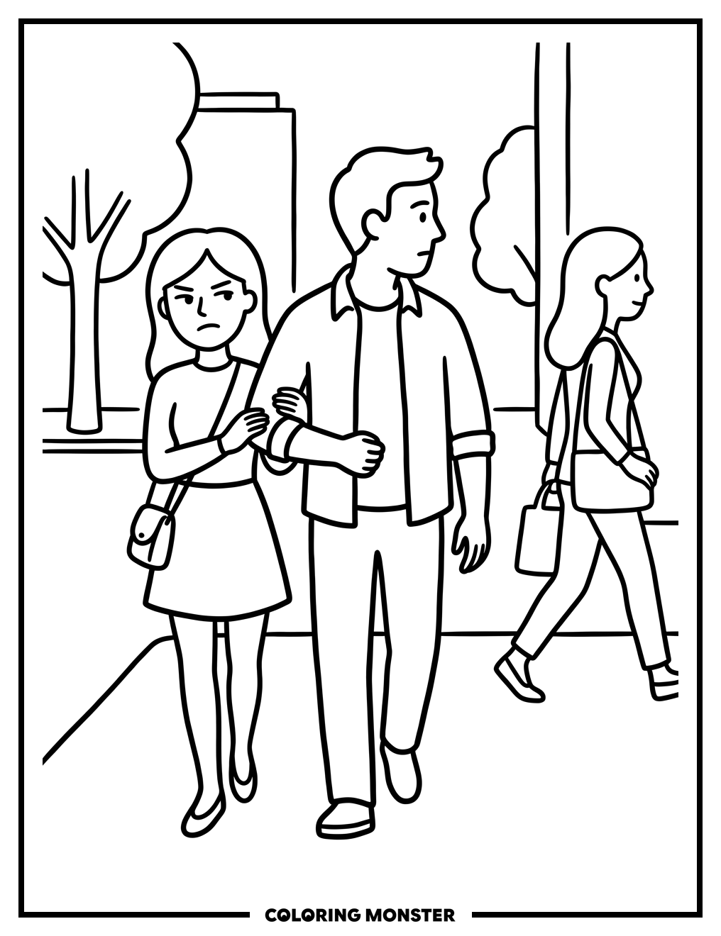 Couple Walking Down Street Coloring Page