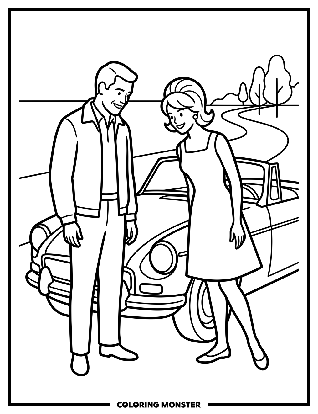Couple With 1960s Sports Car Coloring Page