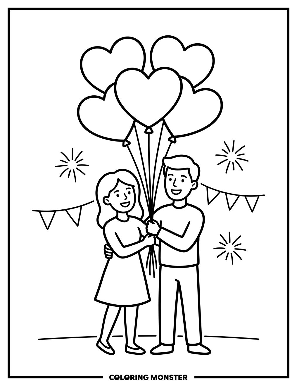 Couple With Heart Balloons Coloring Page