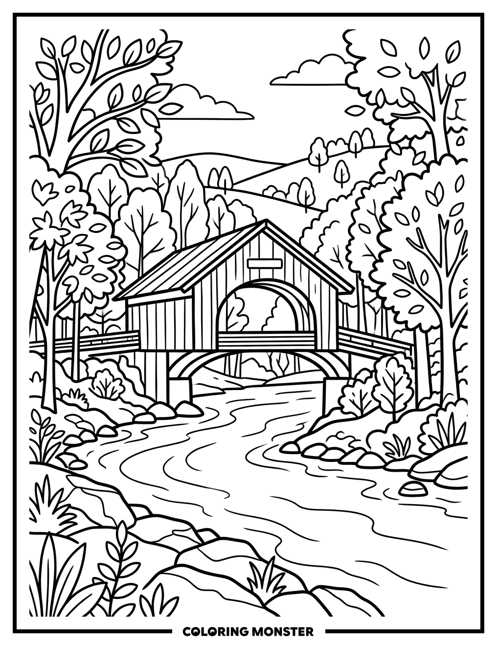 Covered Bridge in Autumn Coloring Page
