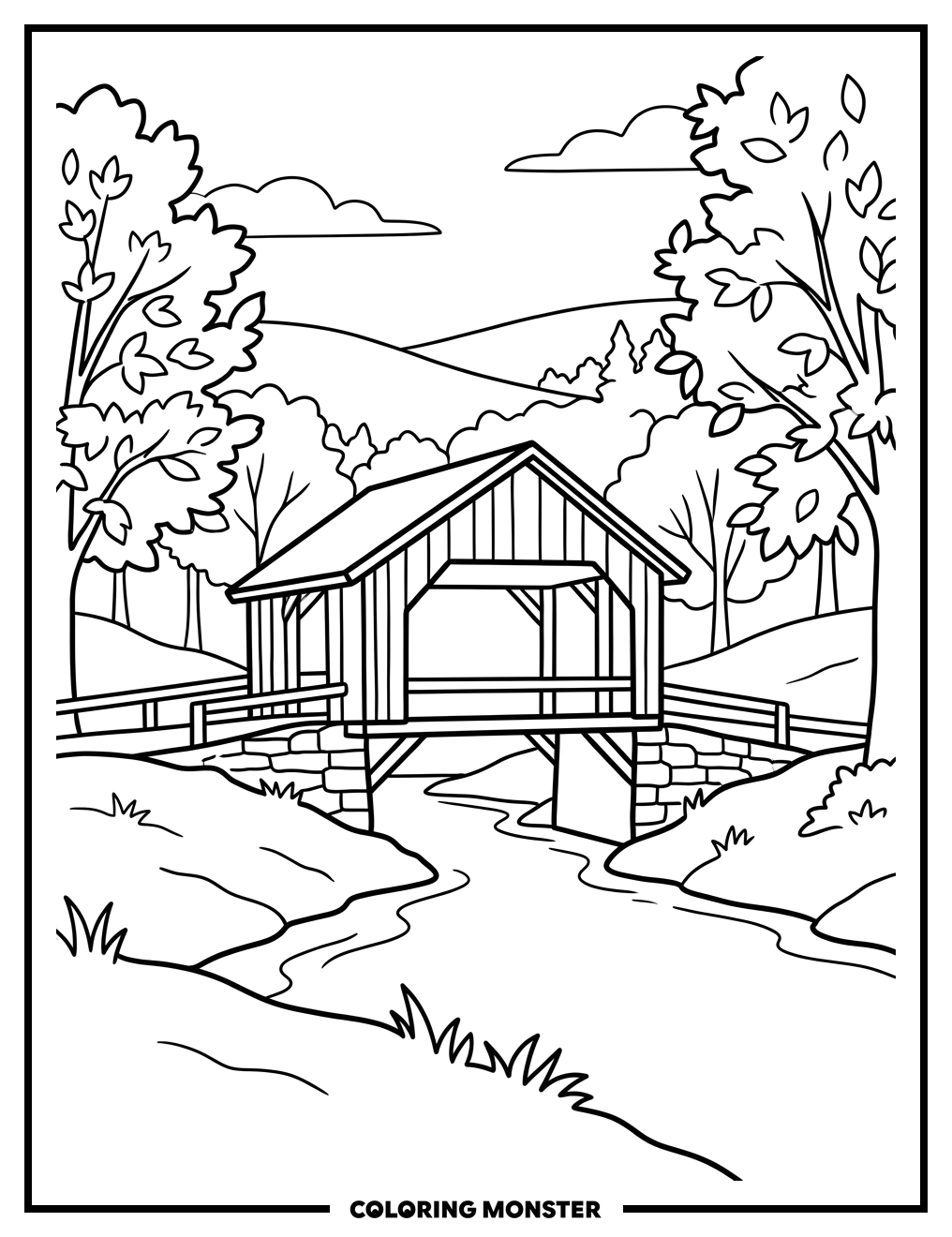 Covered Bridge in Autumn Hills Coloring Page