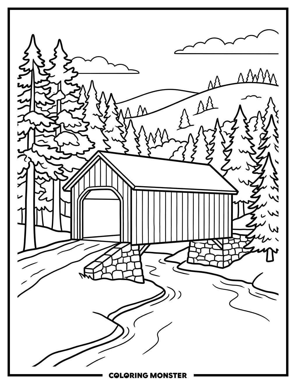 Covered Bridge in Pine Forest Coloring Page