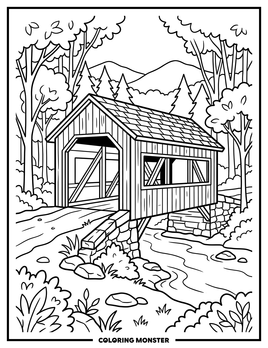 Covered Bridge Over Stream Coloring Page