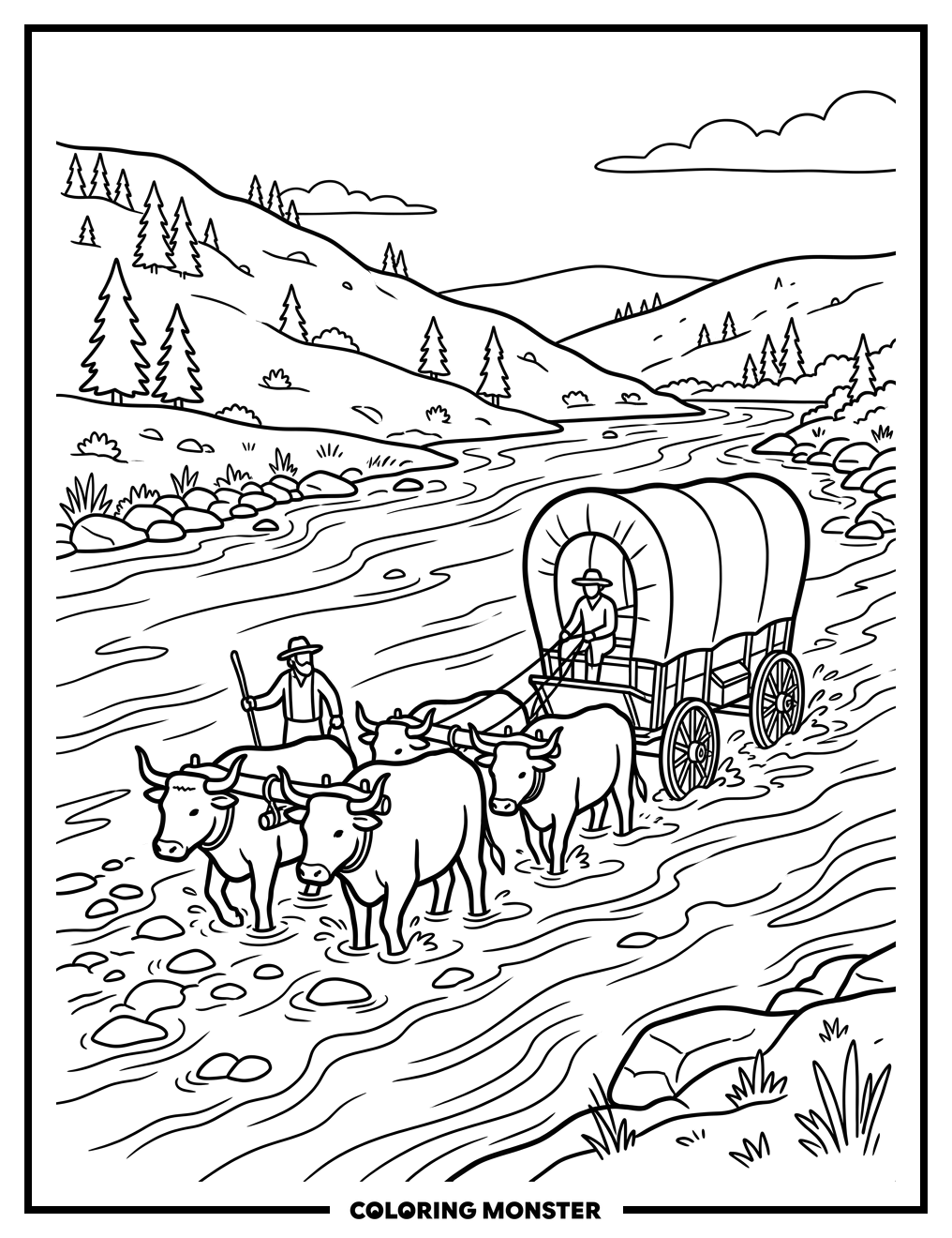 Covered Wagon Crossing a River Coloring Page