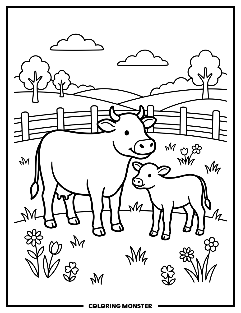 Cow and Calf in Field Coloring Page