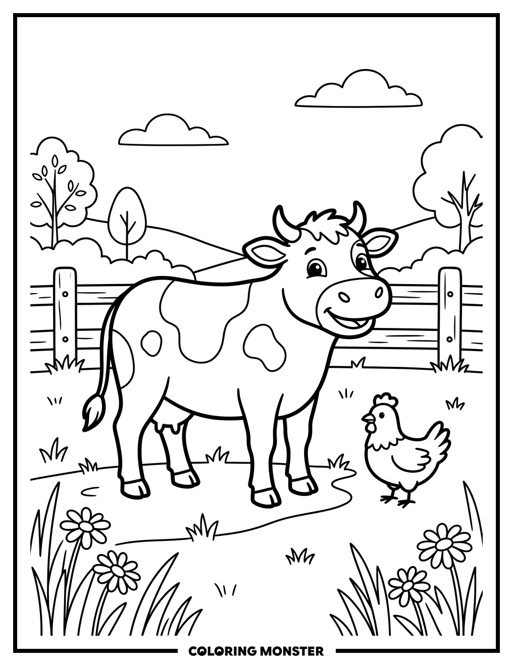 Cow and Chicken on the Farm Coloring Page