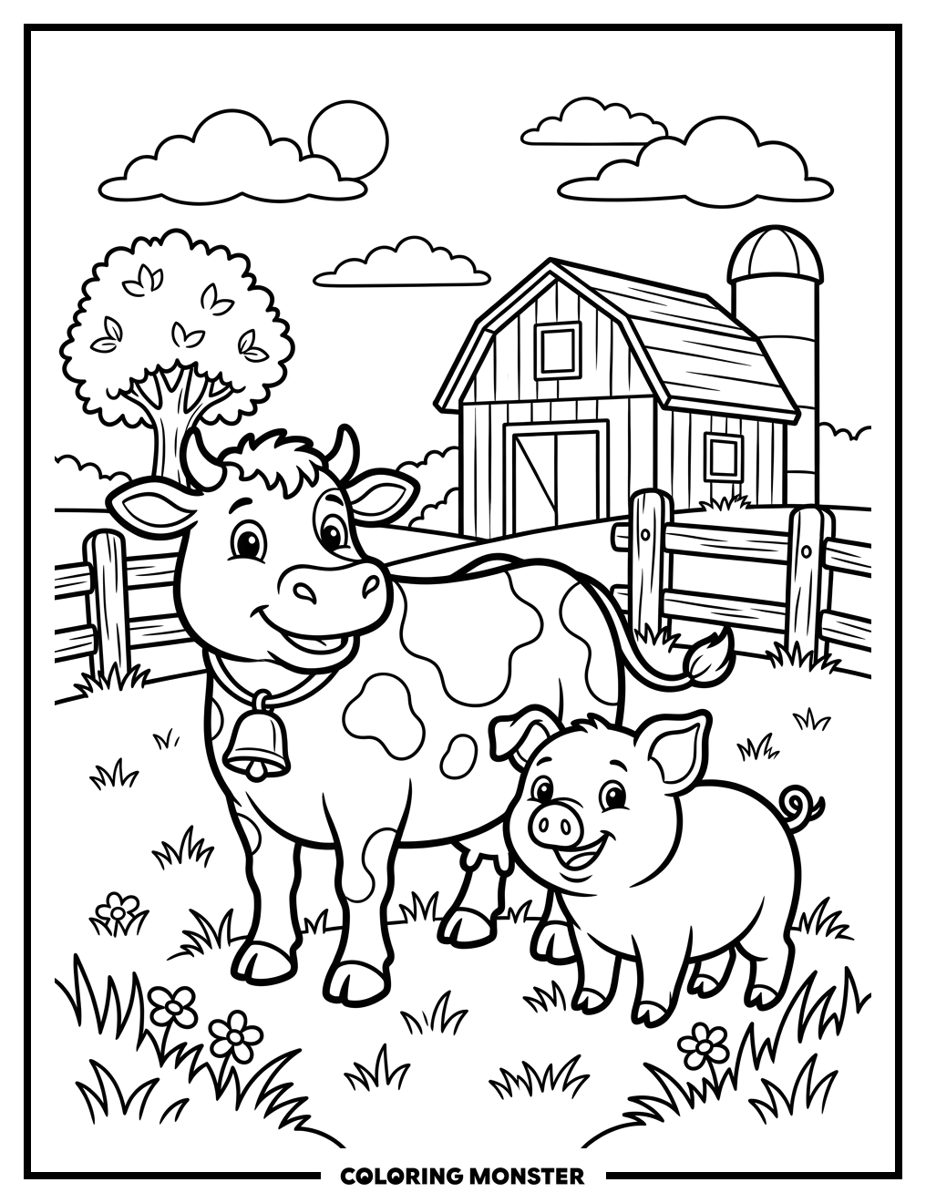 Cow and Piglet in a Field Coloring Page