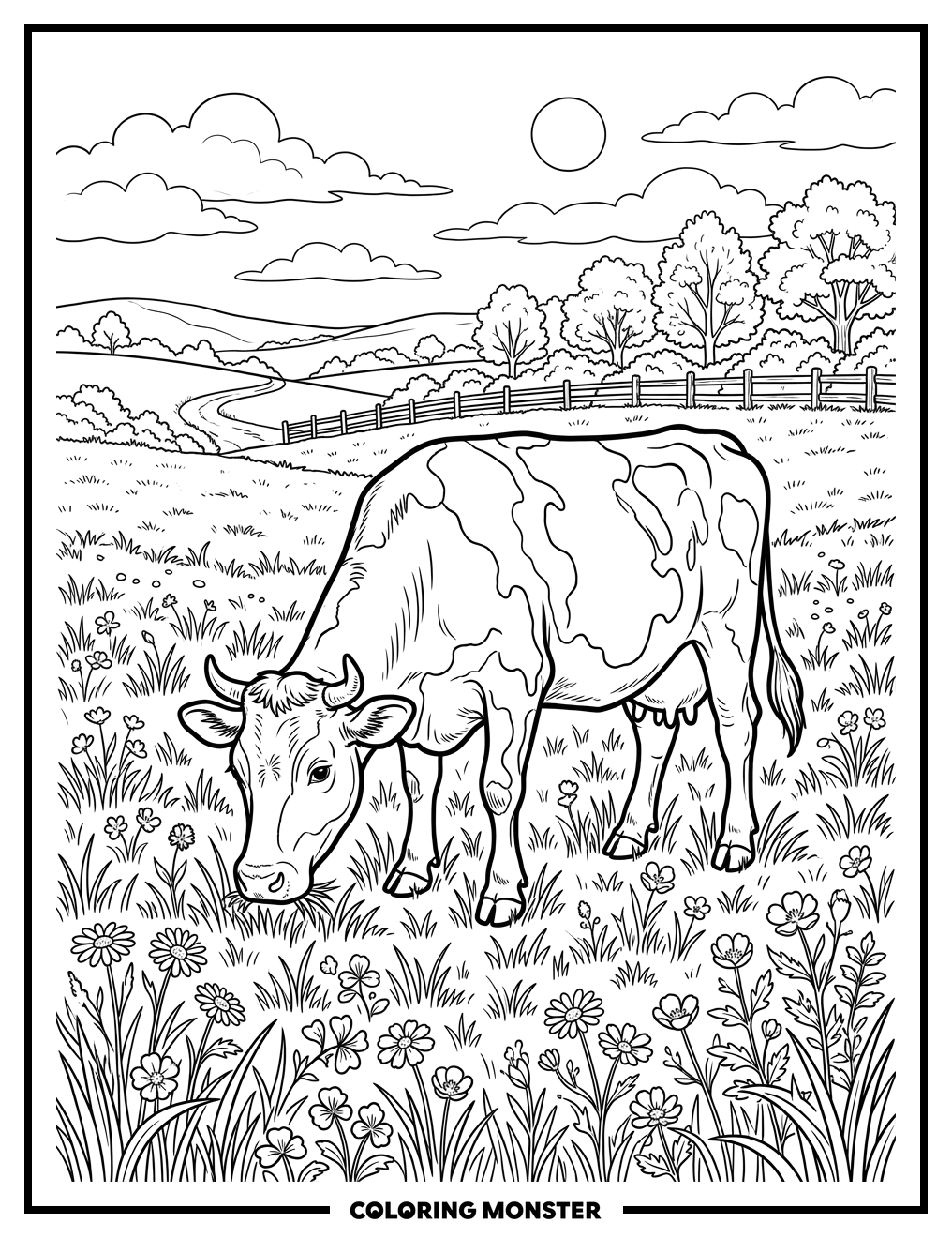 Cow Grazing in a Wildflower Meadow Coloring Page